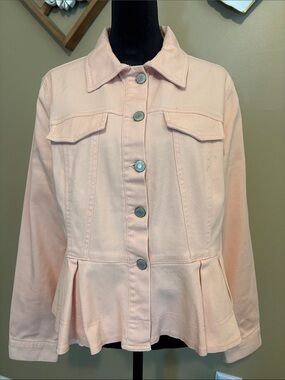 Soft Blush Peplum Denim Jacket - Feminine Button-Front